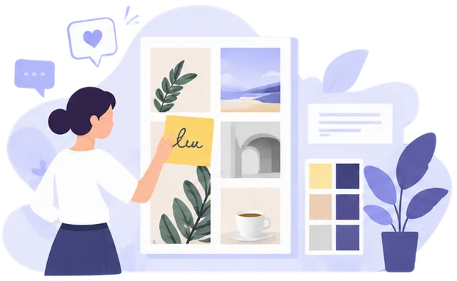 写真を並べてブランドの世界観を考える女性のイラスト